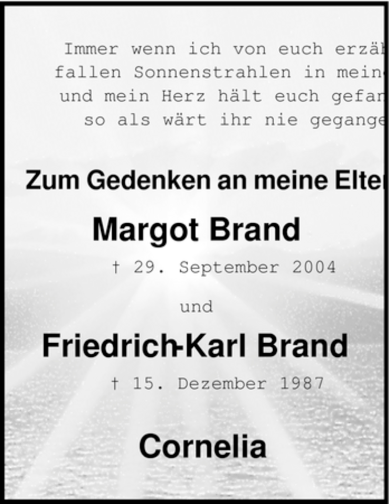 Traueranzeigen Von Margot Friedrich Karl Brand Trauer Hna De