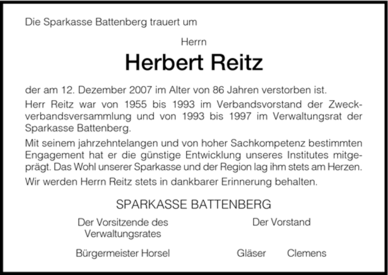 Traueranzeigen Von Herbert Reitz Trauer HNA De