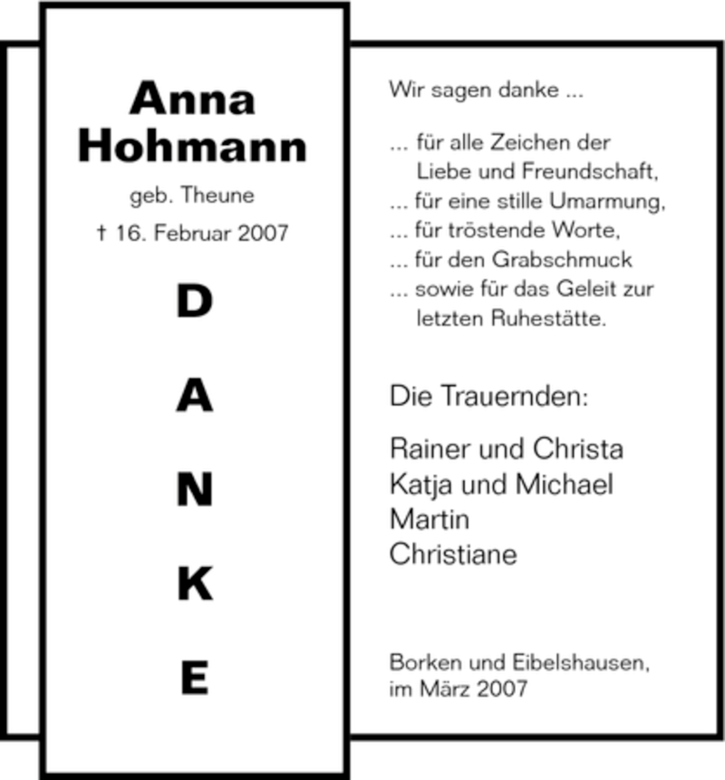 Traueranzeigen Von Anna Hohmann Trauer HNA De