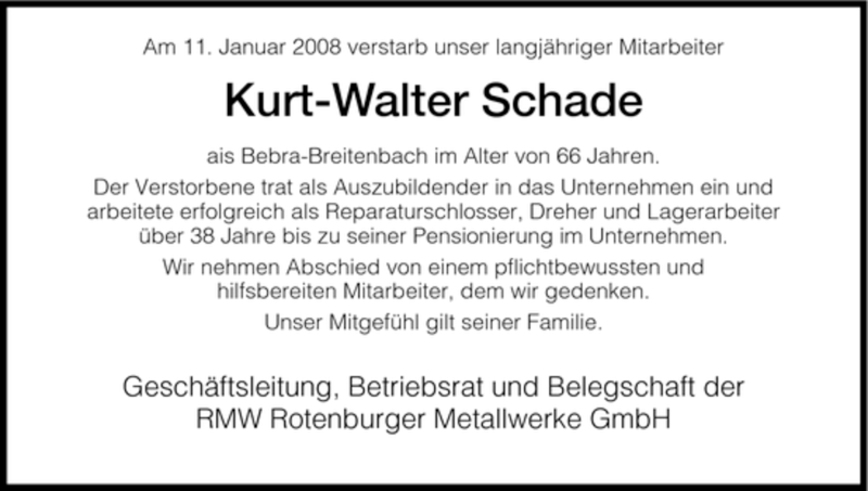 Traueranzeigen Von Karl Walter Schade Trauer Hna De