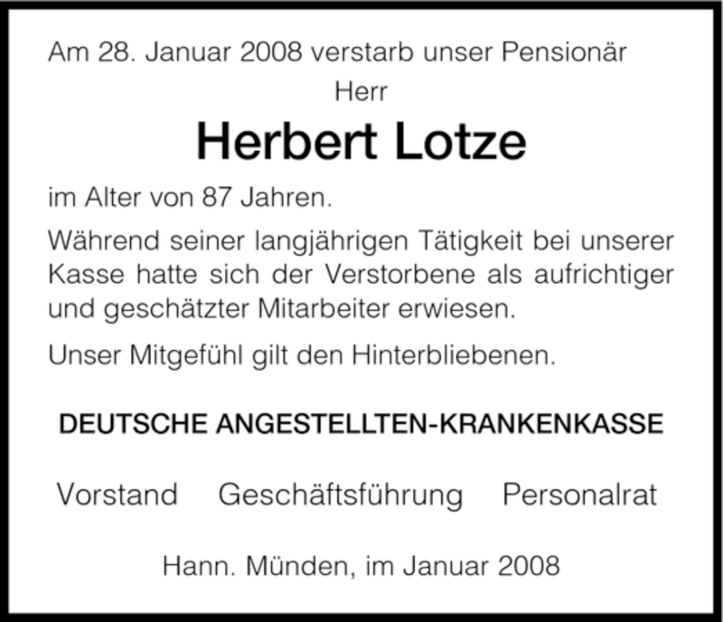 Traueranzeigen Von Herbert Lotze Trauer Hna De