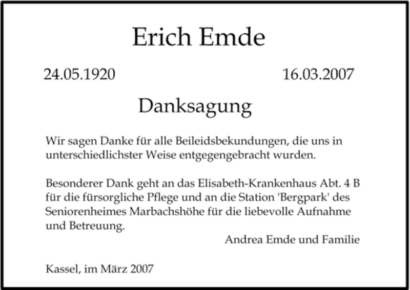 Traueranzeigen Von Erich Emde Trauer HNA De