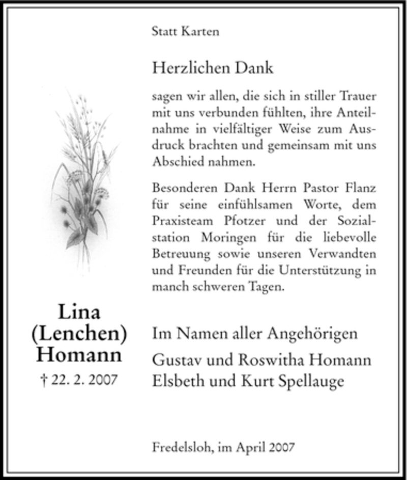 Traueranzeigen Von Lina Homann Trauer Hna De