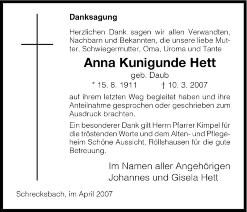 Traueranzeigen Von Anna Kunigunde Hett Trauer Hna De