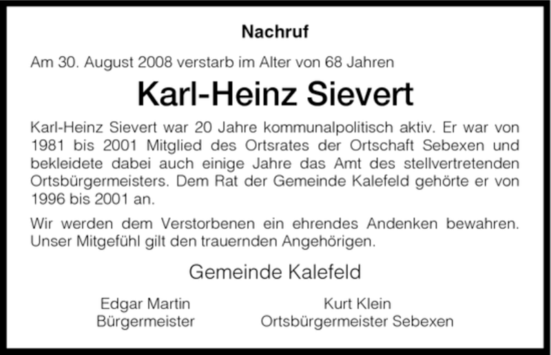 Trauer Und Todesanzeigen Von Karl Heinz Sievert Trauer De