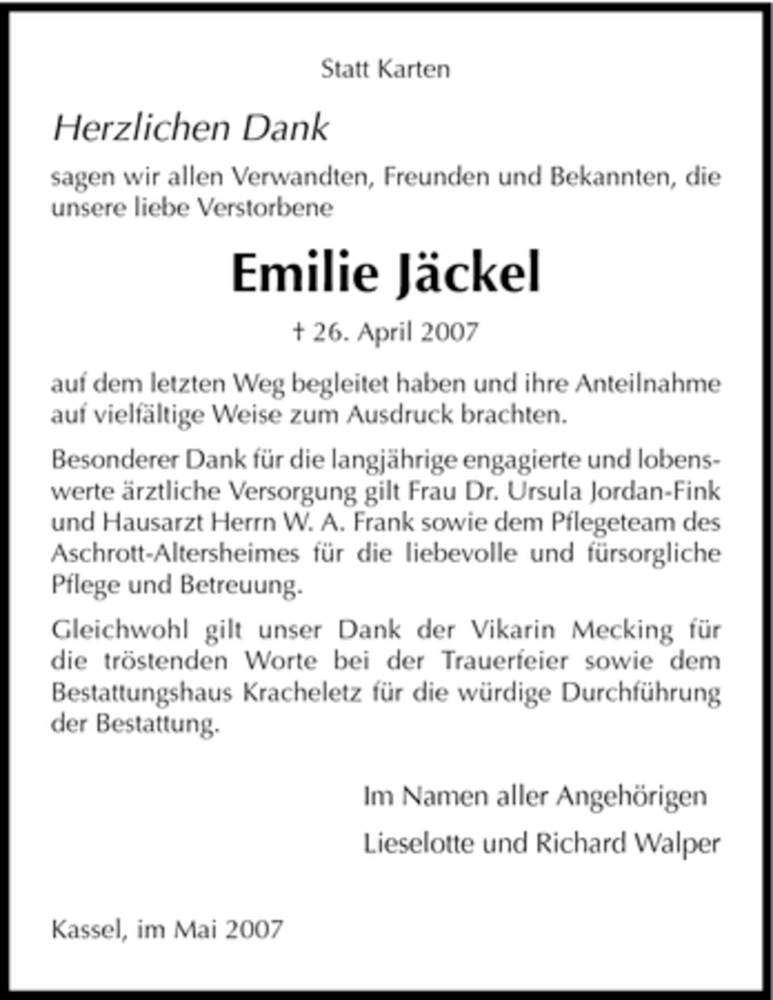 Traueranzeigen von Emilie Jäckel Trauer HNA de