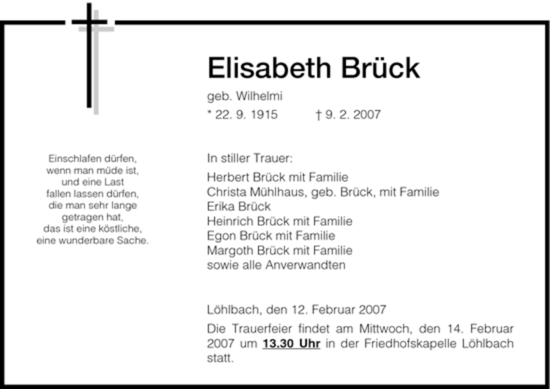 Traueranzeigen Von Elisabeth Brueck Trauer Hna De