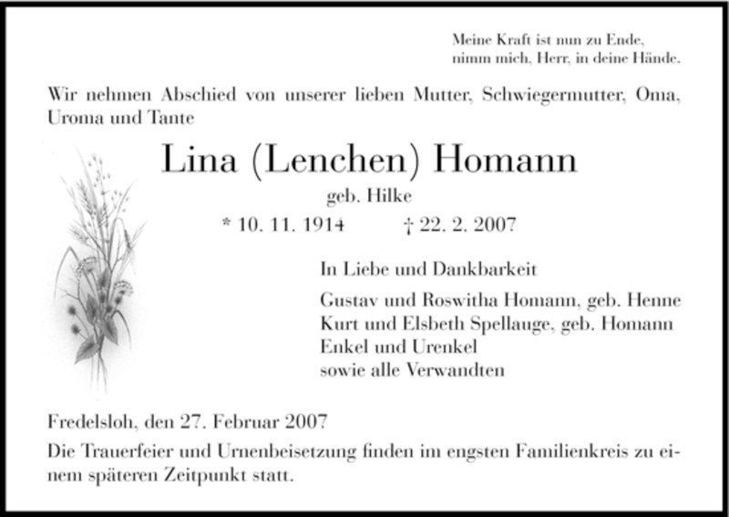 Traueranzeigen Von Lina Homann Trauer Hna De