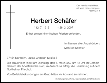 Traueranzeigen Von Herbert Schaefer Trauer Hna De