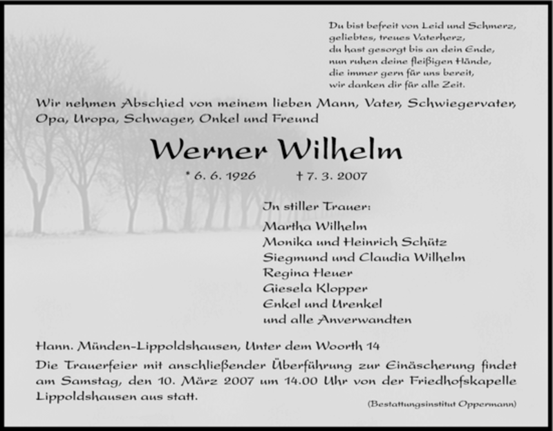 Traueranzeigen Von Werner Wilhelm Trauer Hna De