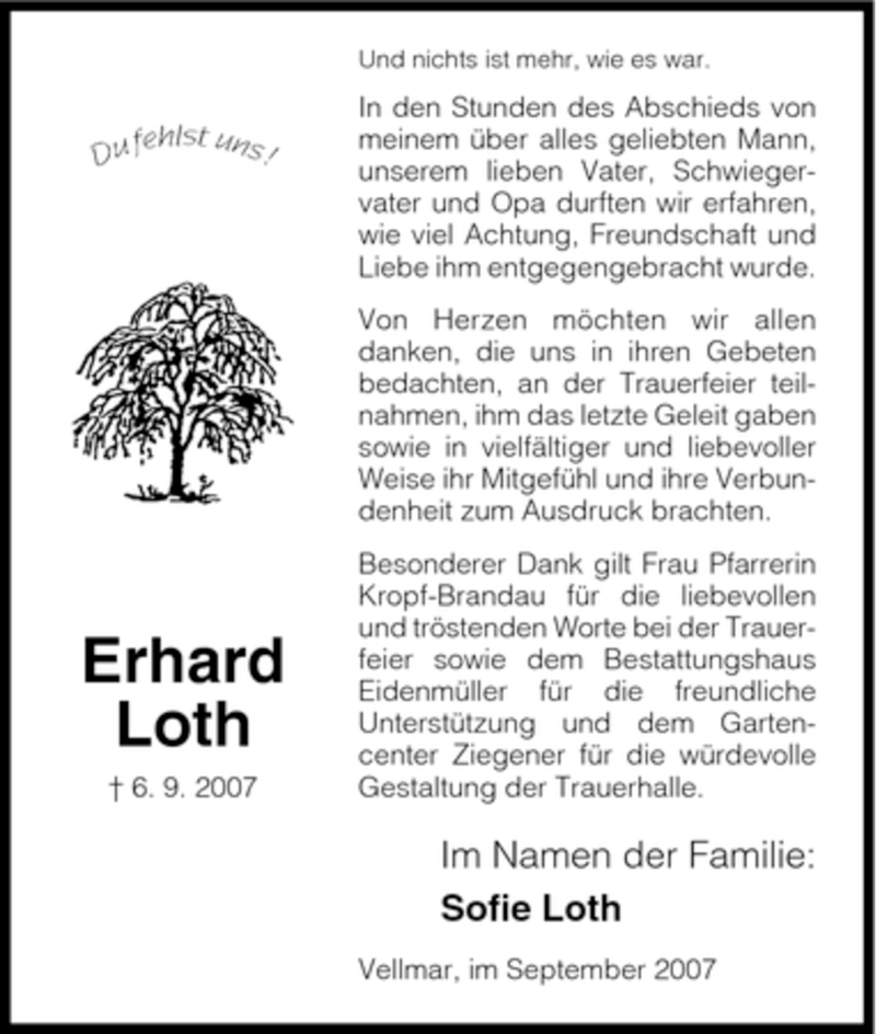 Traueranzeigen Von Erhard Loth Trauer HNA De