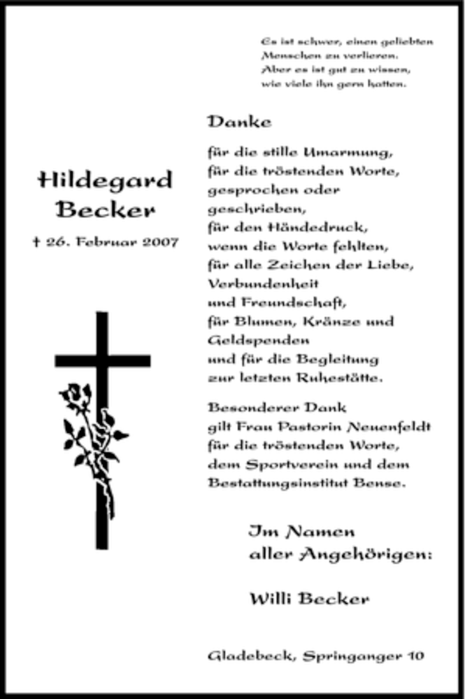 Traueranzeigen Von Hildegard Becker Trauer HNA De