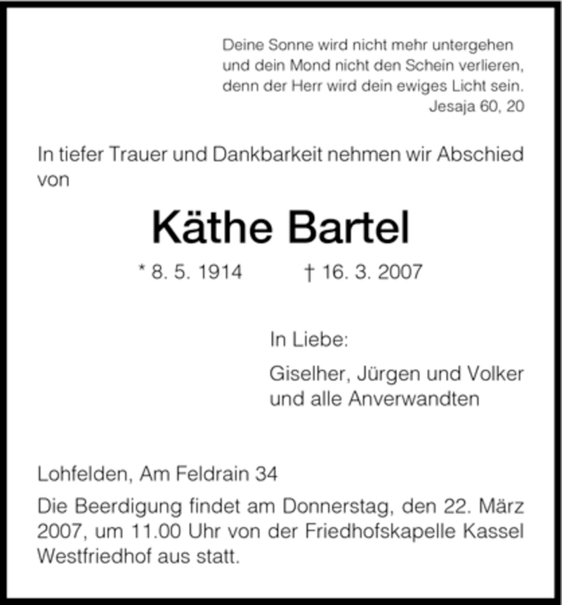 Traueranzeigen von Käthe Bartel Trauer HNA de