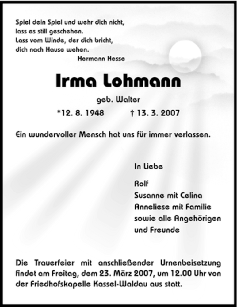 Traueranzeigen Von Irma Lohmann Trauer HNA De