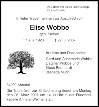 Traueranzeigen Von Elise Wobbe Trauer Hna De