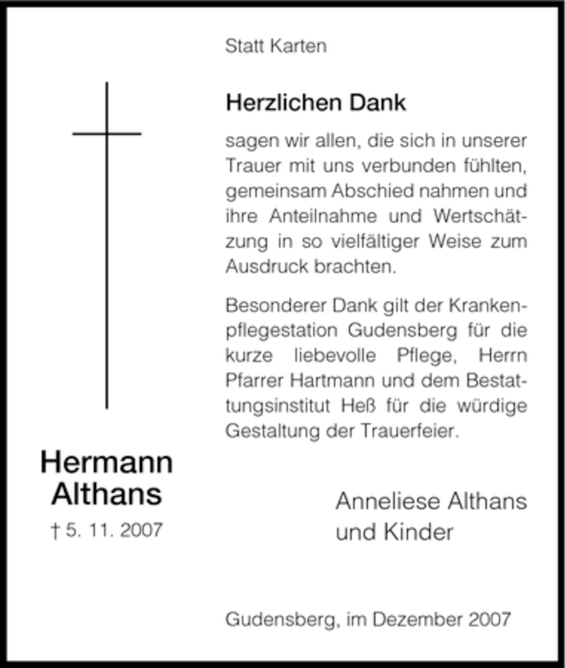 Traueranzeigen Von Hermann Althans Trauer HNA De