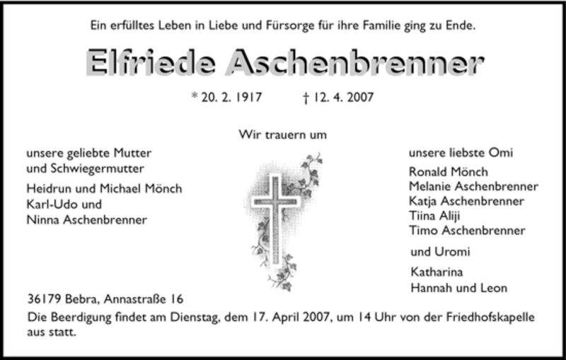 Traueranzeigen Von Elfriede Aschenbrenner Trauer HNA De