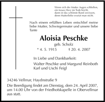 Traueranzeigen Von Aloisia Peschke Trauer HNA De