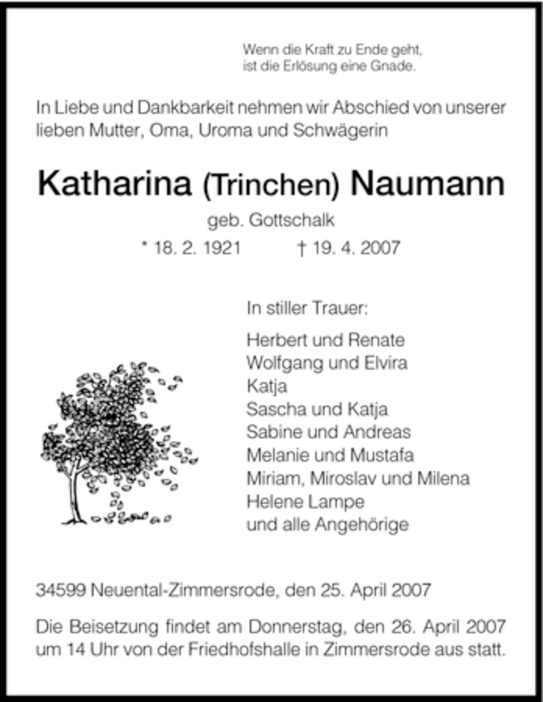 Traueranzeigen Von Katharina Naumann Trauer HNA De