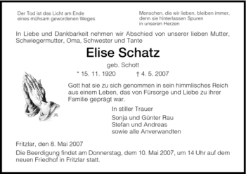 Traueranzeigen Von Elise Schatz Trauer HNA De