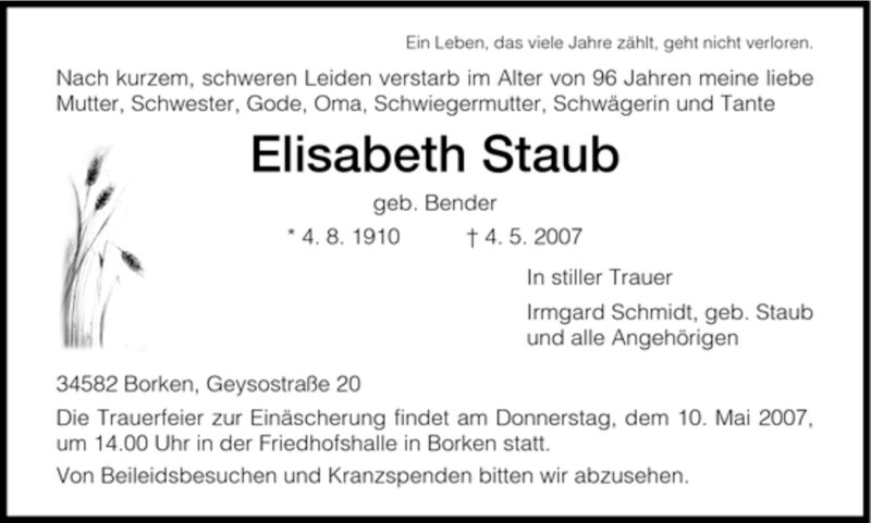 Traueranzeigen Von Elisabeth Staub Trauer Hna De