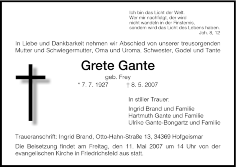 Traueranzeigen Von Grete Gante Trauer HNA De