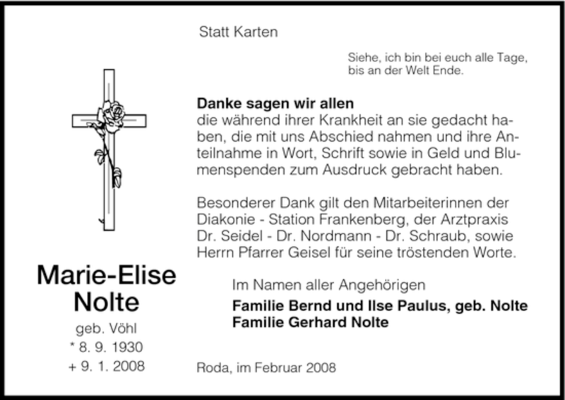 Traueranzeigen Von Marie Elise Nolte Trauer HNA De