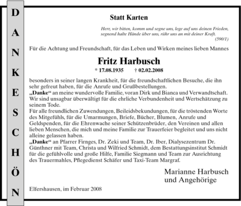 Traueranzeigen Von Fritz Harbusch Trauer HNA De