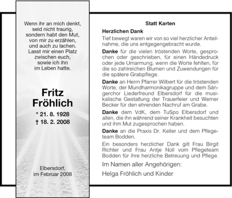 Traueranzeigen Von Fritz Froehlich Trauer Hna De