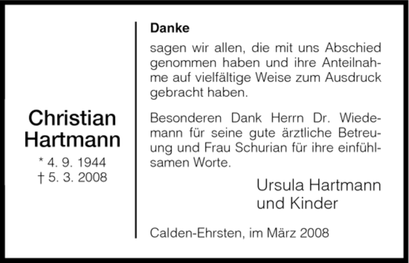 Traueranzeigen Von Christian Hartmann Trauer HNA De