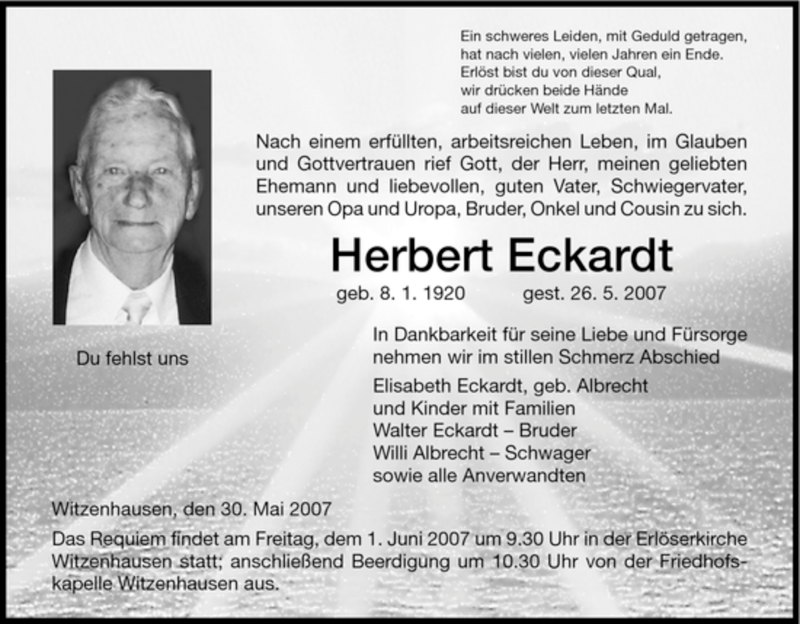 Traueranzeigen Von Herbert Eckardt Trauer HNA De