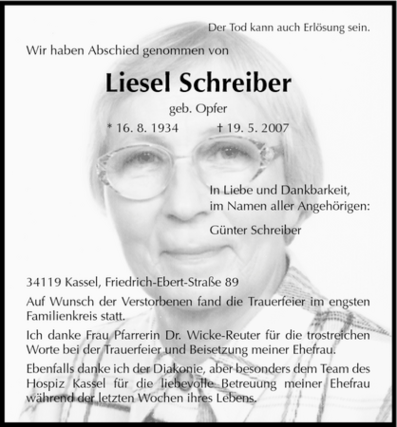 Traueranzeigen Von Liesel Schreiber Trauer HNA De