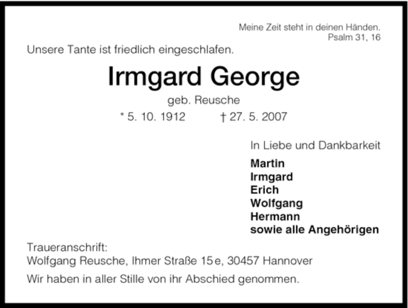 Traueranzeigen Von Irmgard George Trauer Hna De