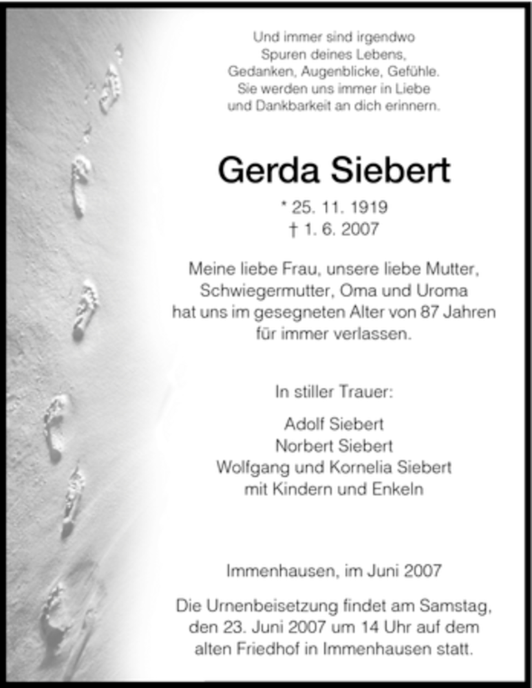 Traueranzeigen Von Gerda Siebert Trauer HNA De