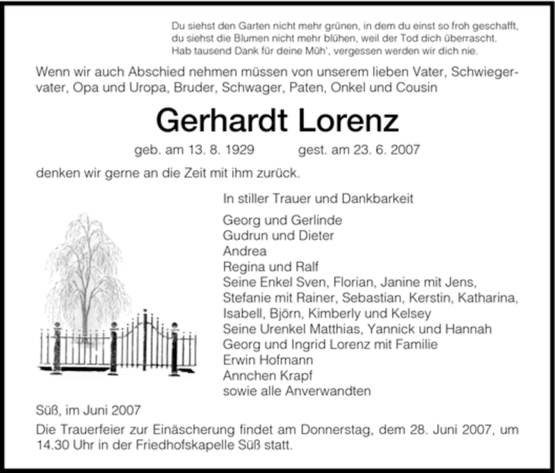 Traueranzeigen Von Gerhardt Lorenz Trauer Hna De