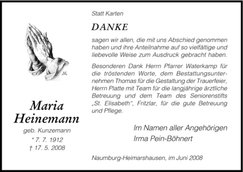 Traueranzeigen Von Maria Heinemann Trauer HNA De