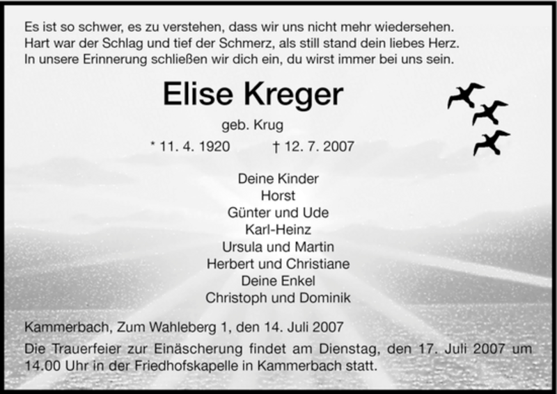 Traueranzeigen Von Elise Kreger Trauer Hna De