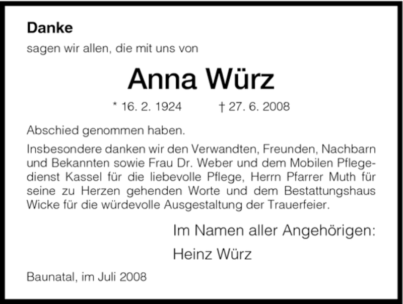 Traueranzeigen Von Anna W Rz Trauer Hna De