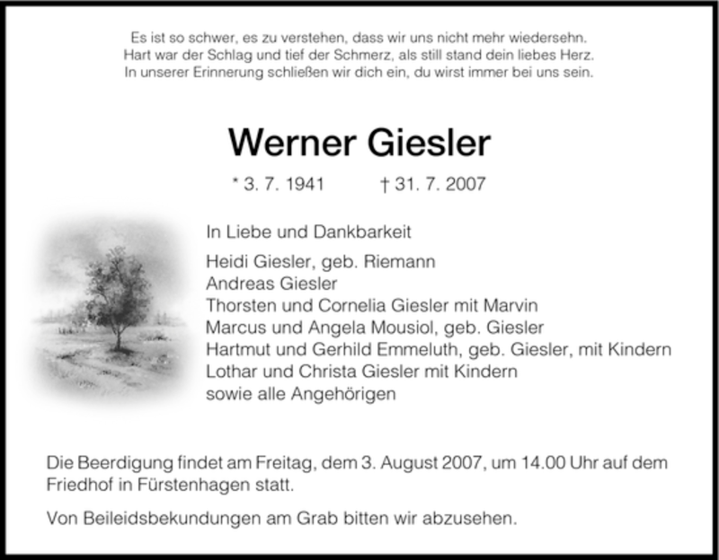 Traueranzeigen Von Werner Giesler Trauer HNA De