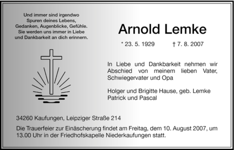 Traueranzeigen Von Arnold Lemke Trauer HNA De