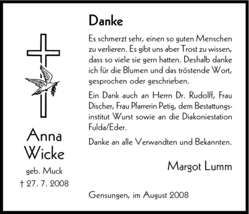 Traueranzeigen Von Anna Wicke Trauer HNA De