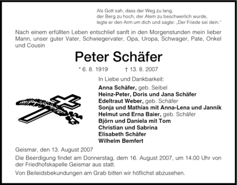 Traueranzeigen von Schäfer Peter Trauer HNA de