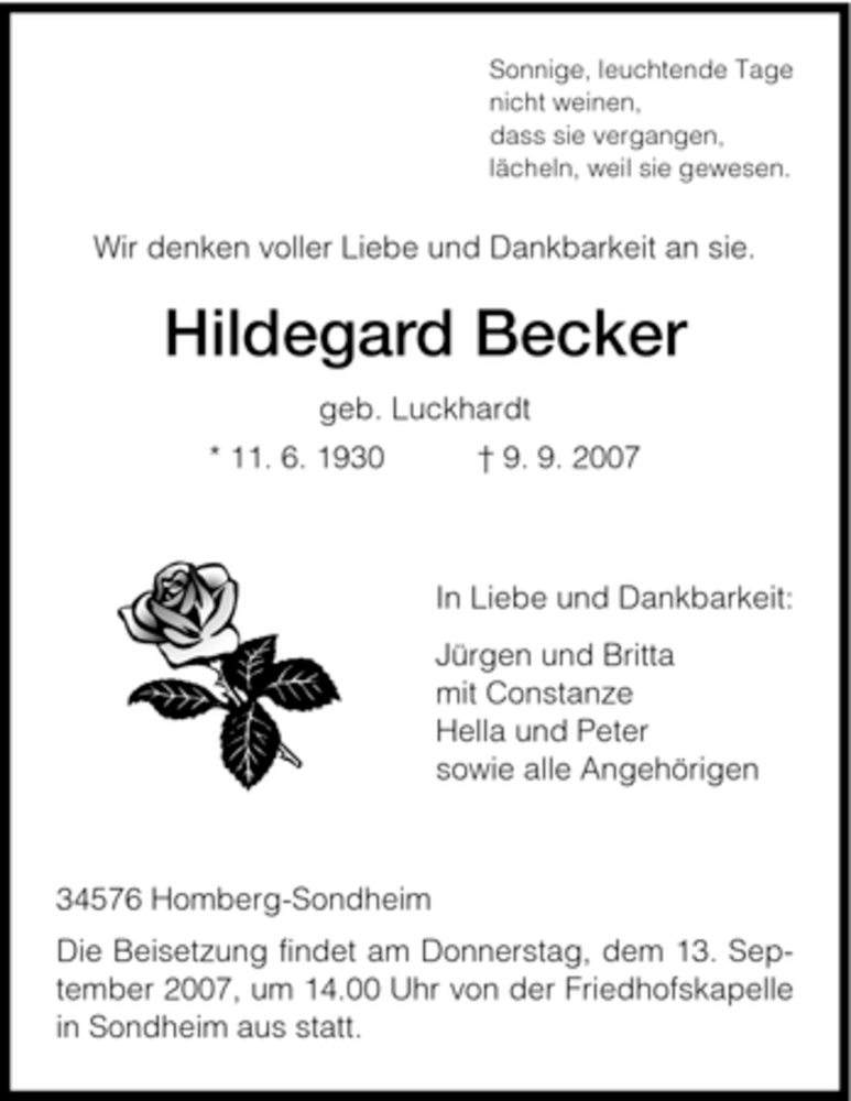 Traueranzeigen Von Hildegard Becker Trauer HNA De