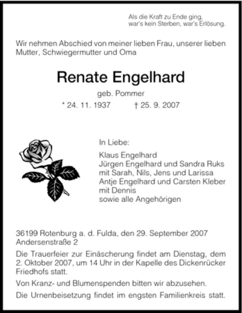 Traueranzeigen Von Renate Engelhard Trauer Hna De