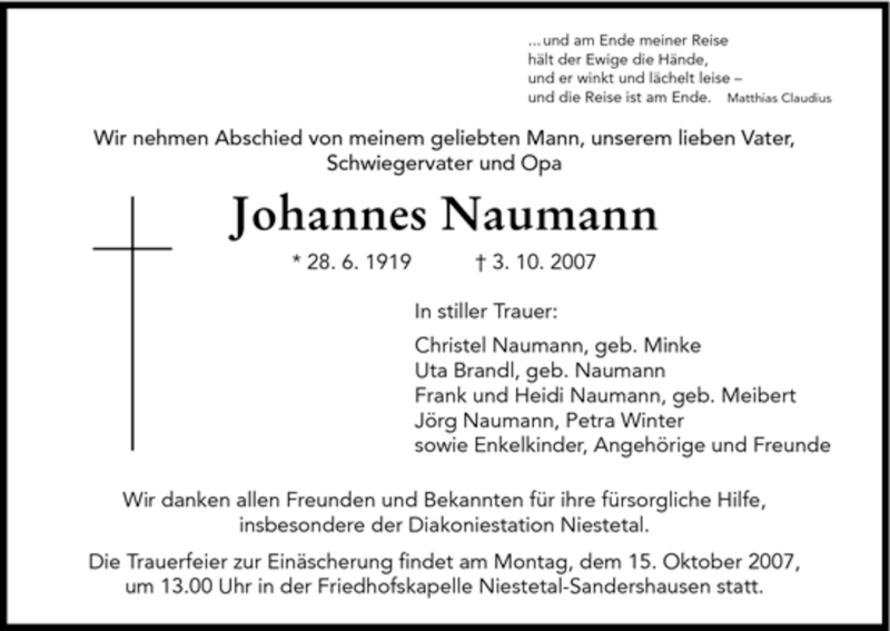 Traueranzeigen Von Johannes Naumann Trauer Hna De