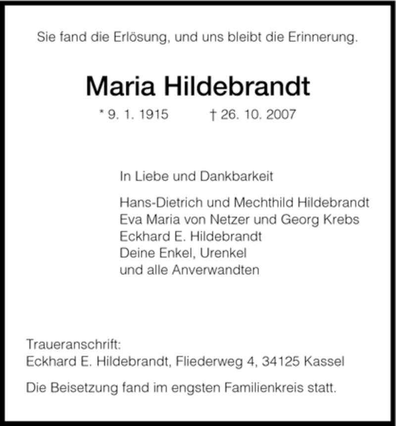 Traueranzeigen Von Maria Hildebrandt Trauer Hna De