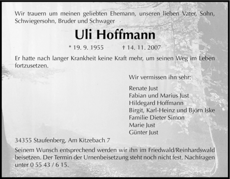 Traueranzeigen Von Uli Hoffmann Trauer HNA De