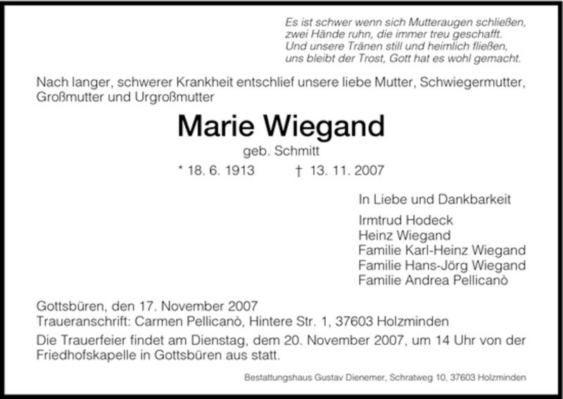 Traueranzeigen Von Marie Wiegand Trauer Hna De