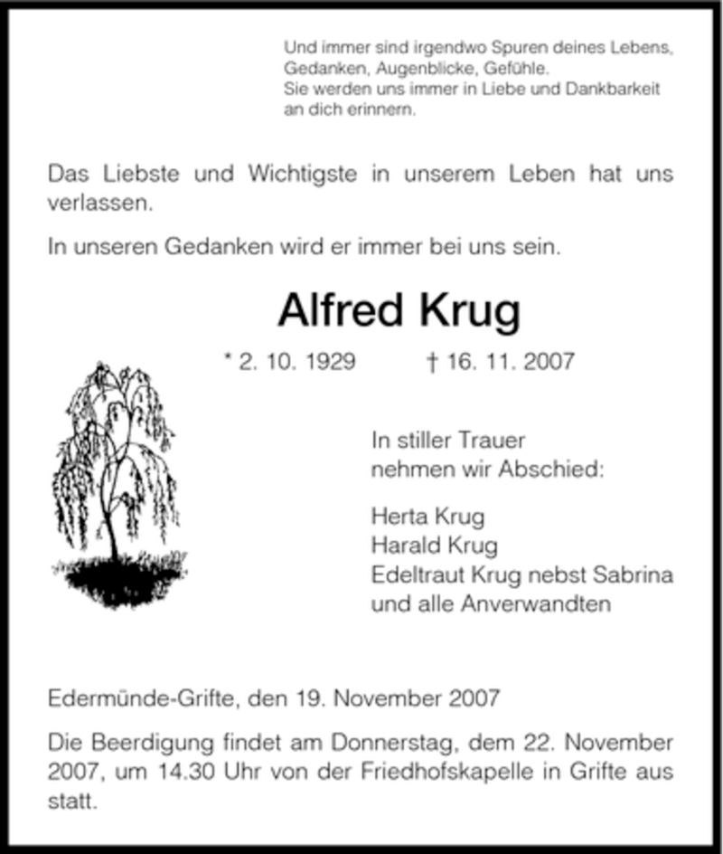 Traueranzeigen Von Alfred Krug Trauer HNA De