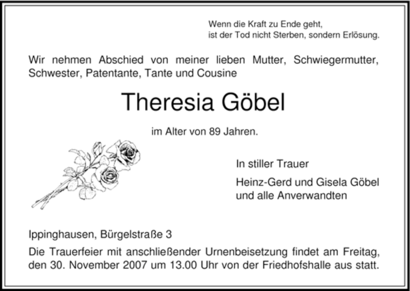 Traueranzeigen Von Theresia G Bel Trauer Hna De